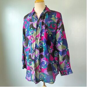 Protest Vtg 90s 100% Silk Button Down Shirt Abstract Swirl Purple Magenta XL